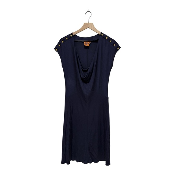 Tory Burch - Navy Silk Cowl Neck Dress W/gold Tone Buttons Size Small - Picture 2 of 8